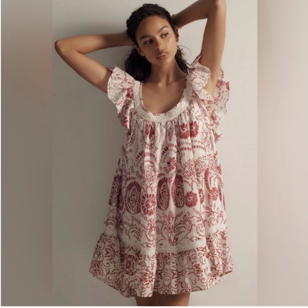 Anthropologie Maeve Red and White Floral Babydoll Mini